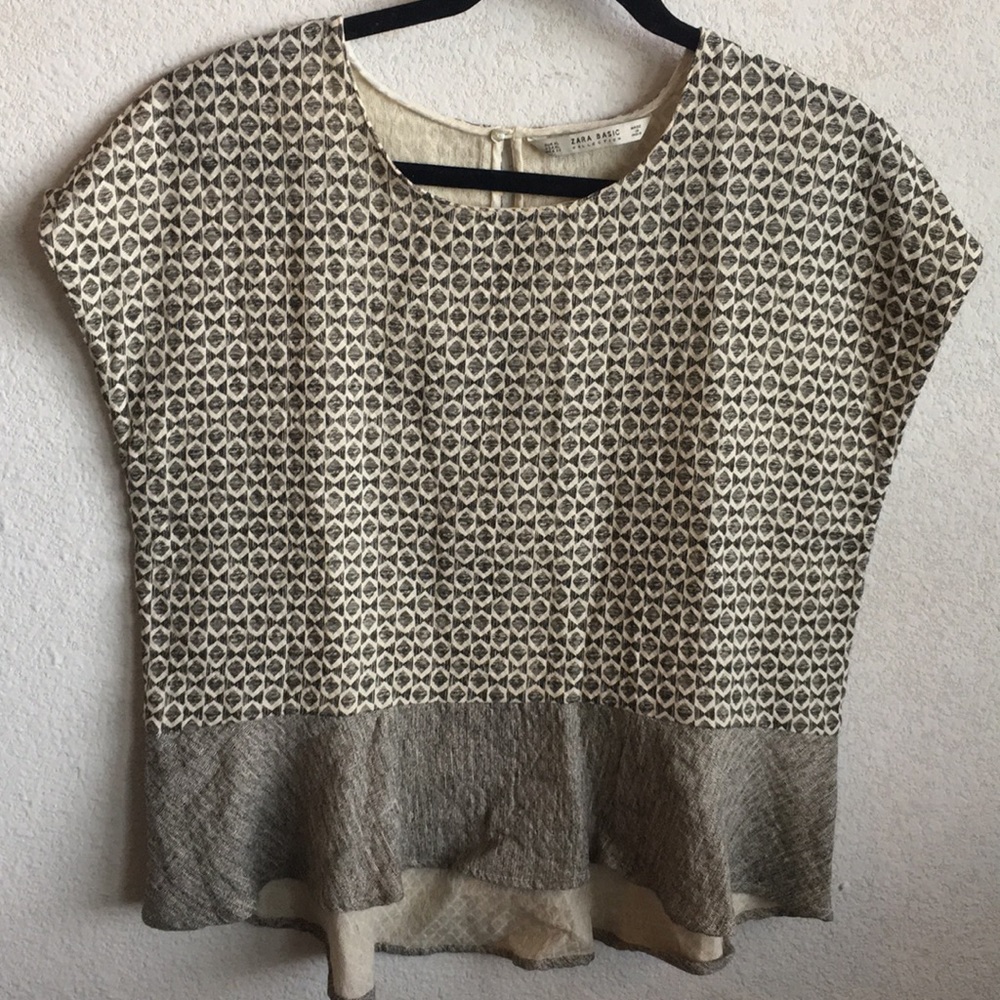 Zara tan blouse with black pattern and grey ruffle